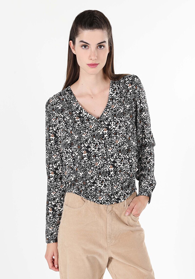 Imagine a Regular Fit V-Neck Imprimat Cămașă Cu Mânecă Lungă Bleumarin Pentru Femei