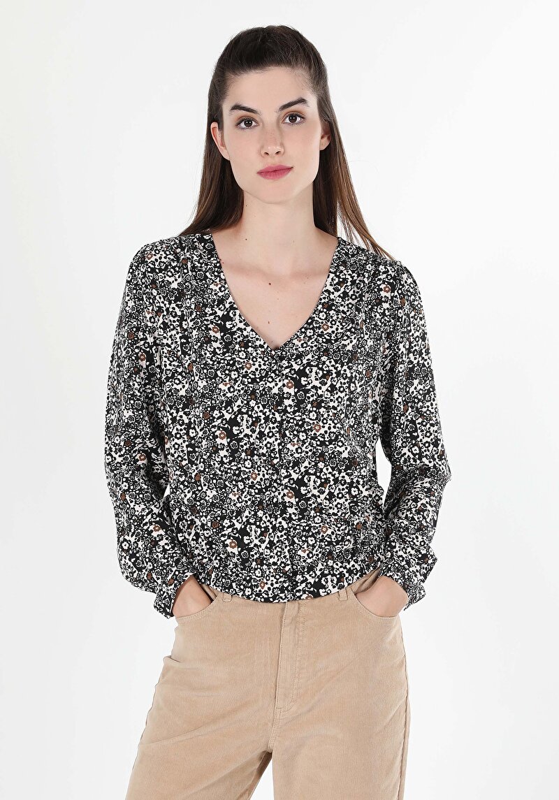 Afișați detalii pentru Regular Fit V-Neck Imprimat Cămașă Cu Mânecă Lungă Bleumarin Pentru Femei