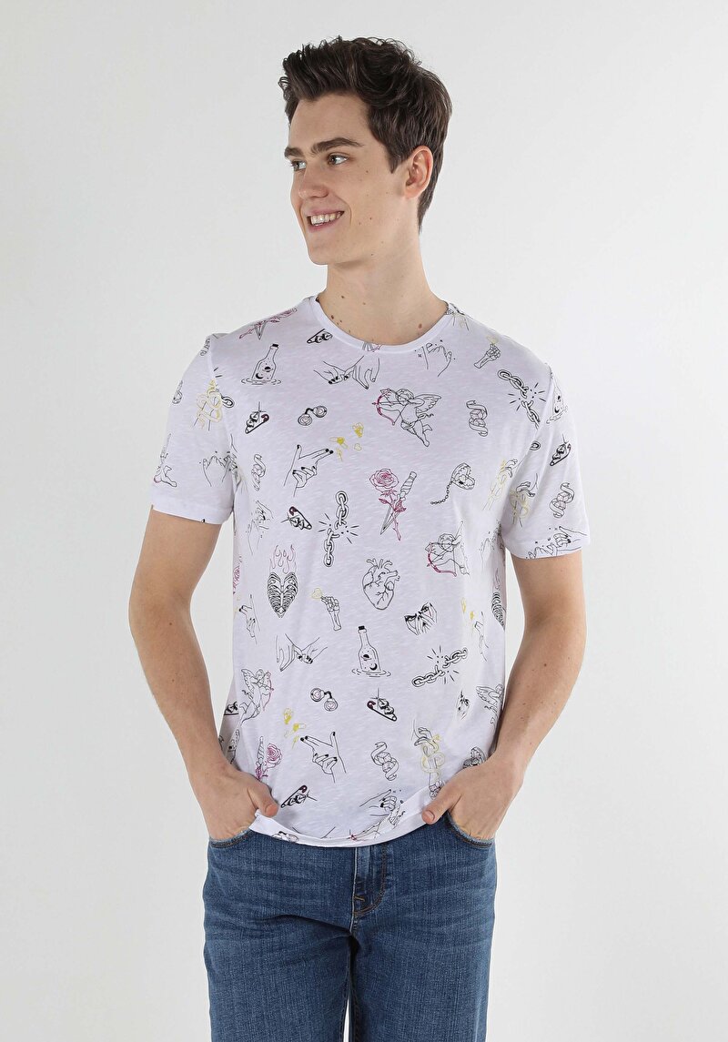 Imagine a Regular Fit Round Neck Printed Tricou Alb Cu Mânecă Scurtă Pentru Bărbați