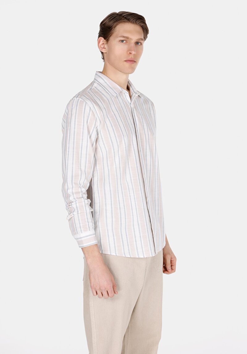 Imagine a Cămașă Cu Dungi Cămașă Cu Mânecă Lungă Ecru Pentru Bărbați