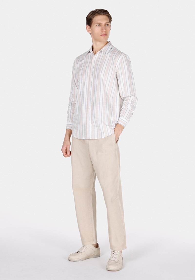 Afișați detalii pentru Cămașă Cu Dungi Cămașă Cu Mânecă Lungă Ecru Pentru Bărbați