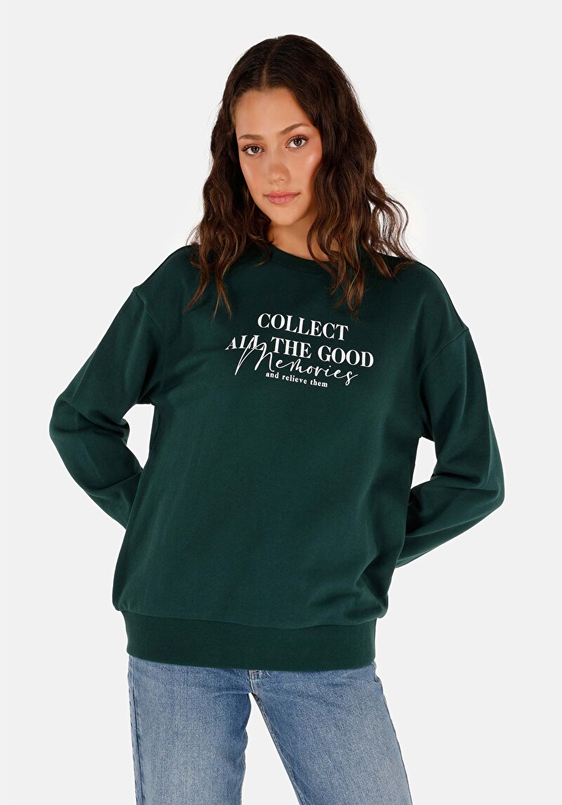 Imagine a Regular Fit Round Neck Imprimeu Hanorac Verde Pentru Femei