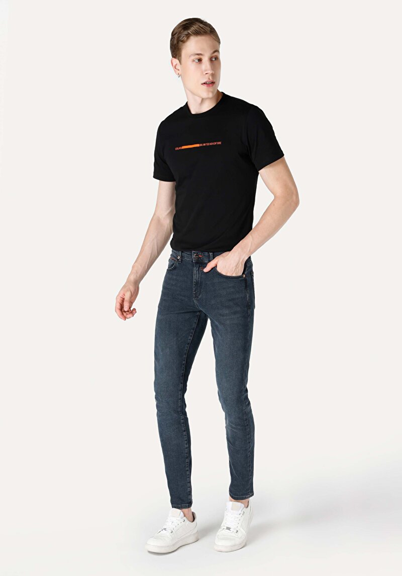 Imagine a Slim Fit Talie Joasă Picior Îngust Blugi İndigo Închis Pentru Bărbați