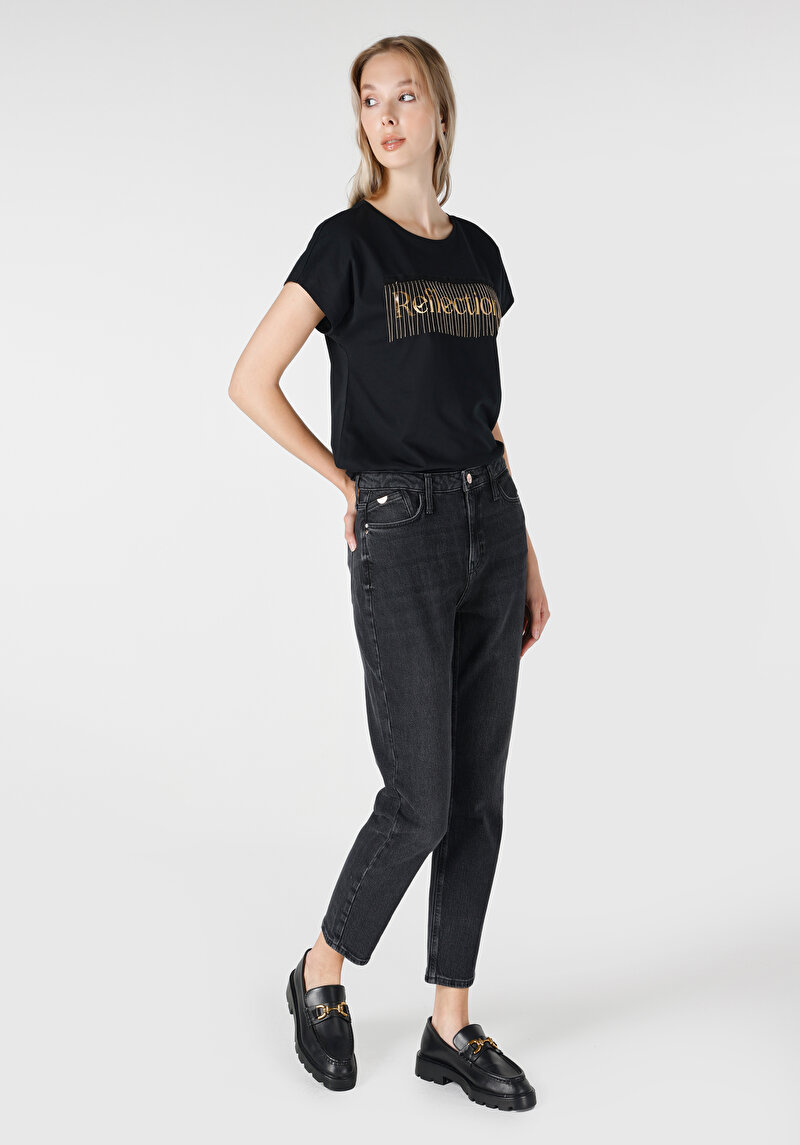 Afișați detalii pentru Mom Fit Rising Waist Shrinking Leg Blugi İndigo Pentru Femei