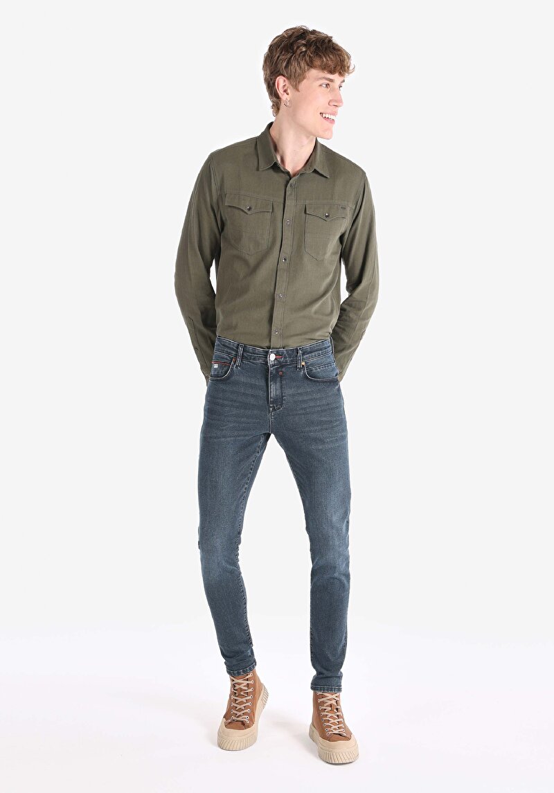 Imagine a Slim Fit Talie Joasă Picior Îngust Blugi İndigo Închis Pentru Bărbați