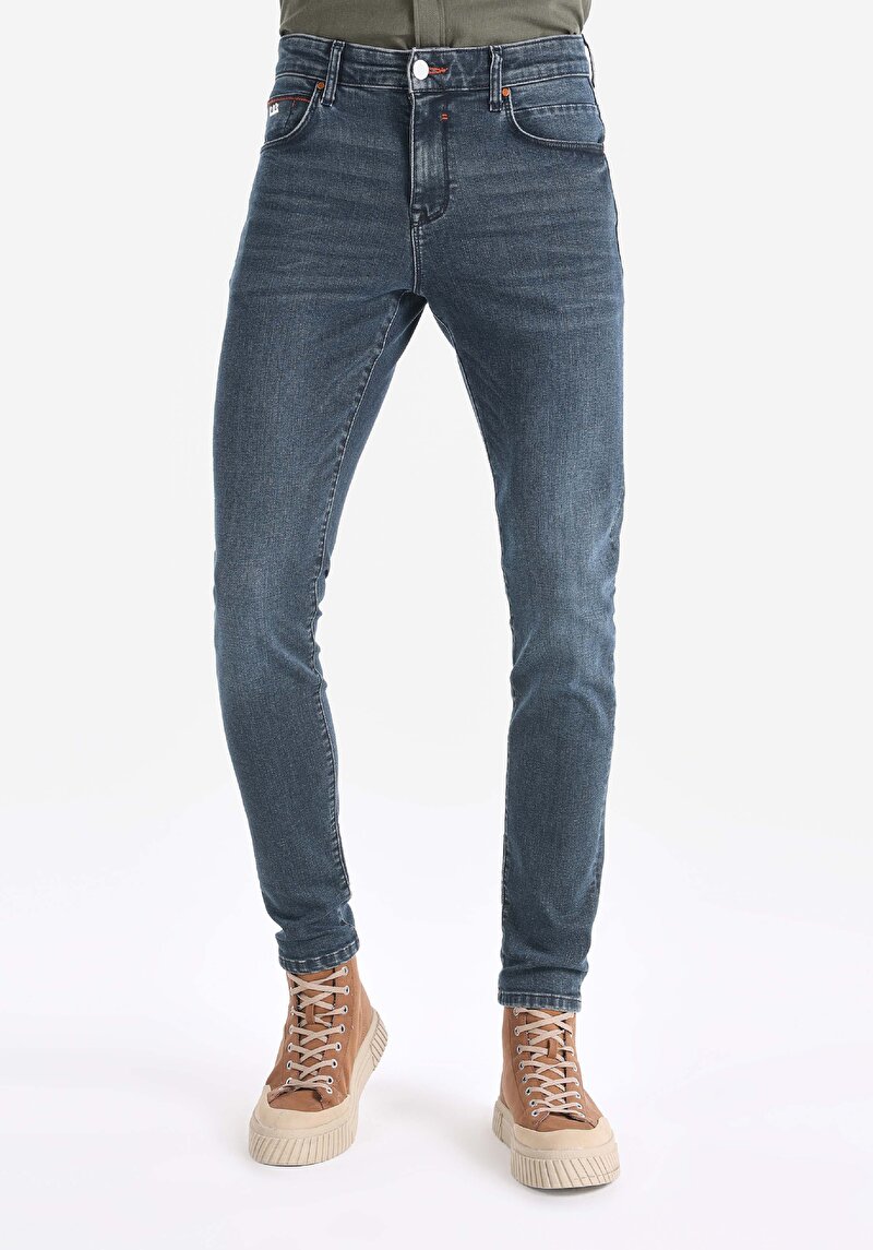 Imagine a Slim Fit Talie Joasă Picior Îngust Blugi İndigo Închis Pentru Bărbați