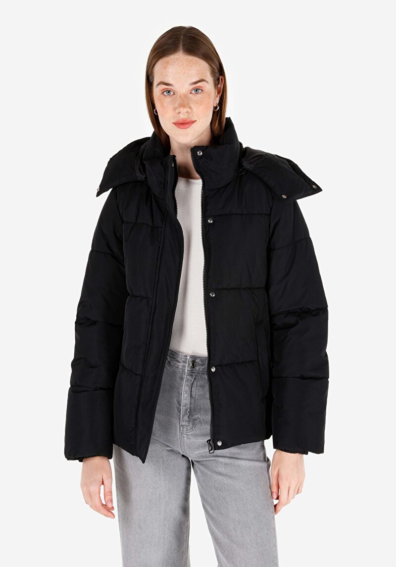 Imagine a Regular Fit Cu Glugă Cu Fermoar Căptușit Pentru Femei Palton Negru