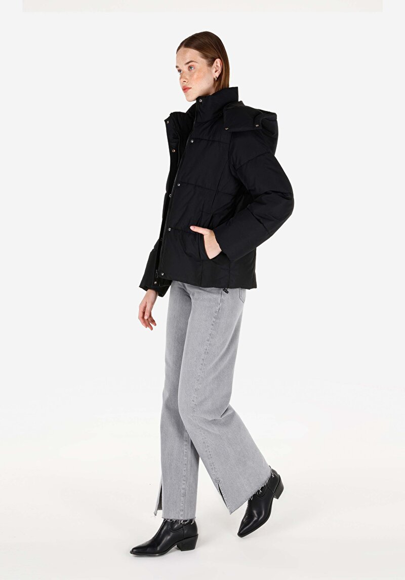 Imagine a Regular Fit Cu Glugă Cu Fermoar Căptușit Pentru Femei Palton Negru