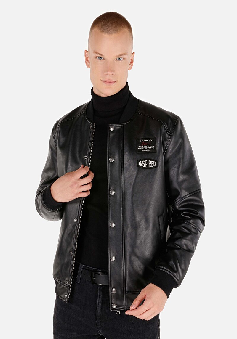 Imagine a Palton Negru Pentru Bărbați Slim Fit Pu