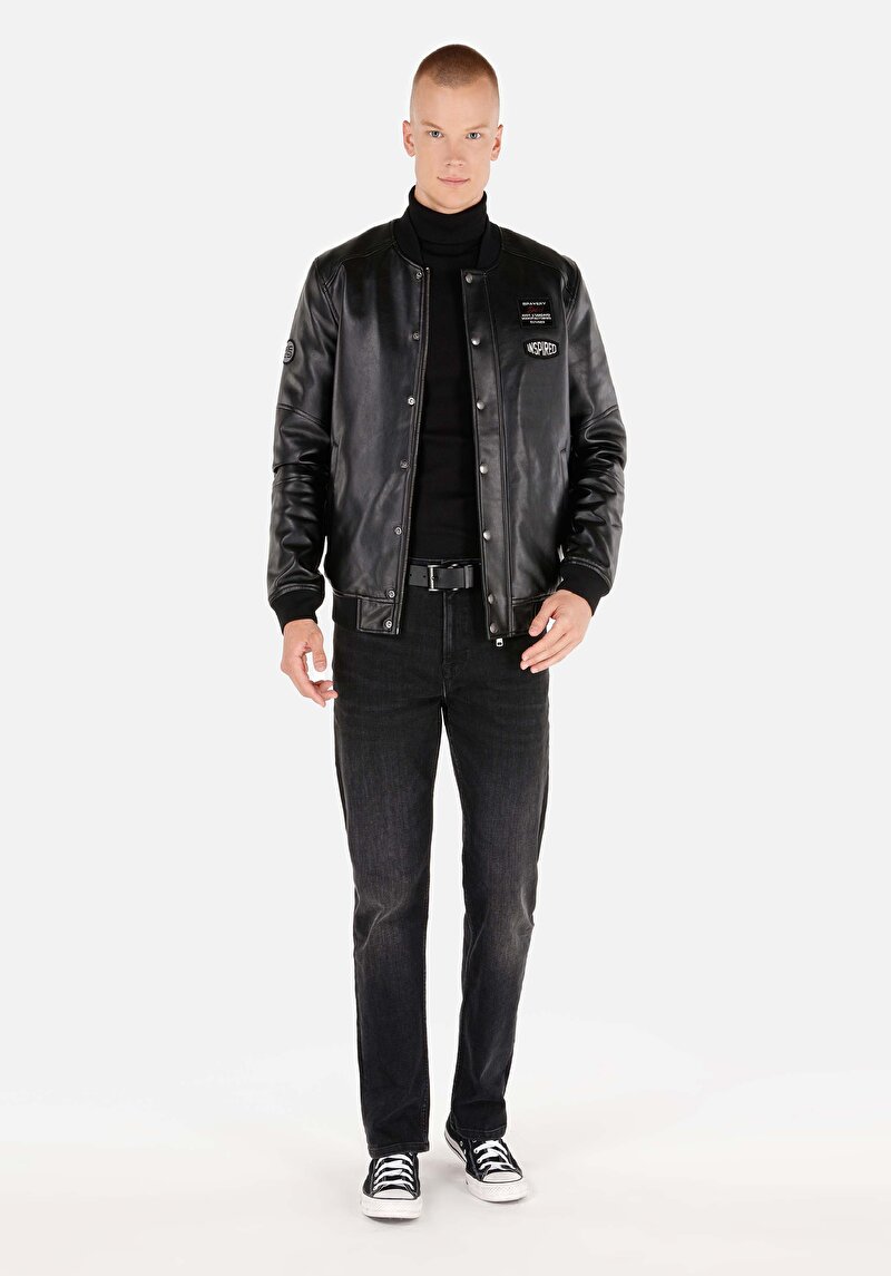 Imagine a Palton Negru Pentru Bărbați Slim Fit Pu