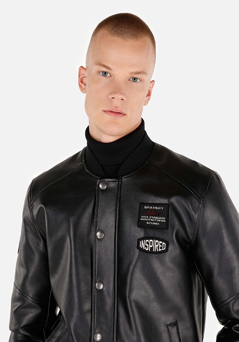 Imagine a Palton Negru Pentru Bărbați Slim Fit Pu