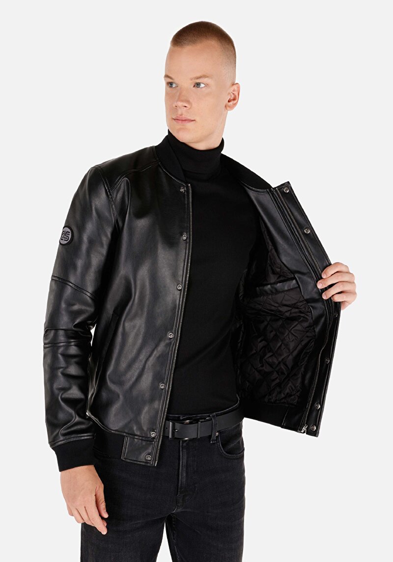 Afișați detalii pentru Palton Negru Pentru Bărbați Slim Fit Pu