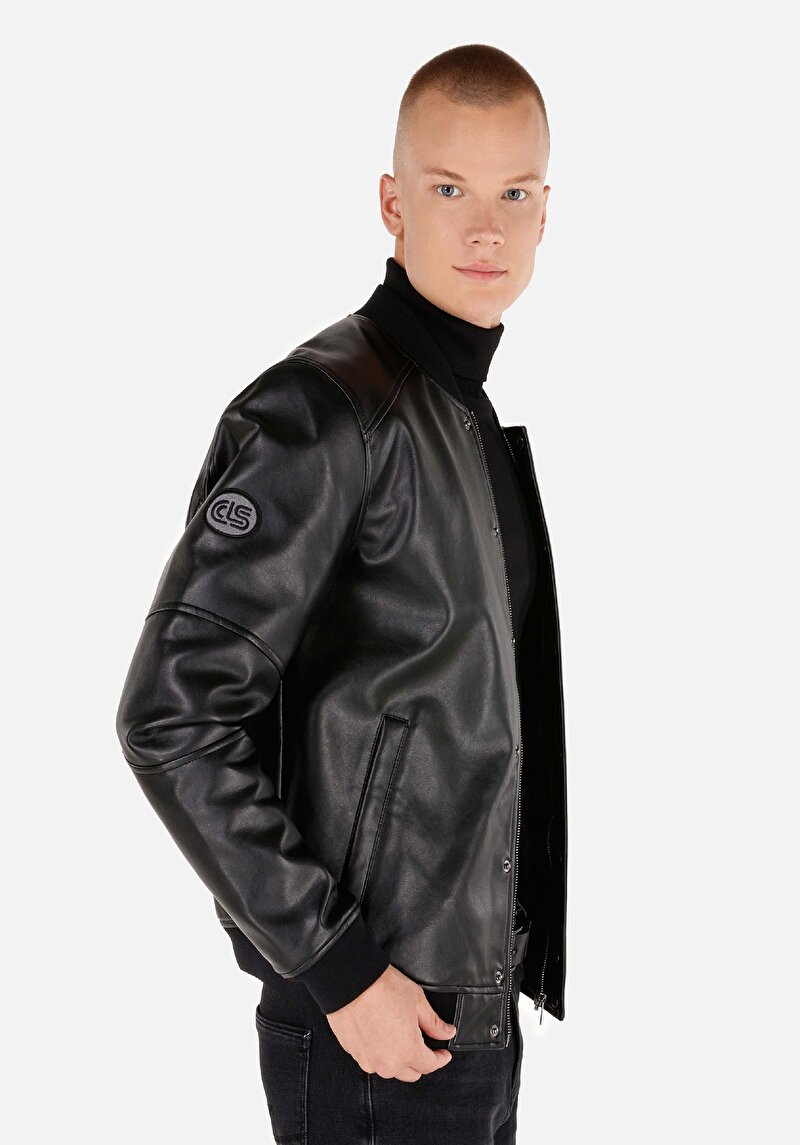 Afișați detalii pentru Palton Negru Pentru Bărbați Slim Fit Pu