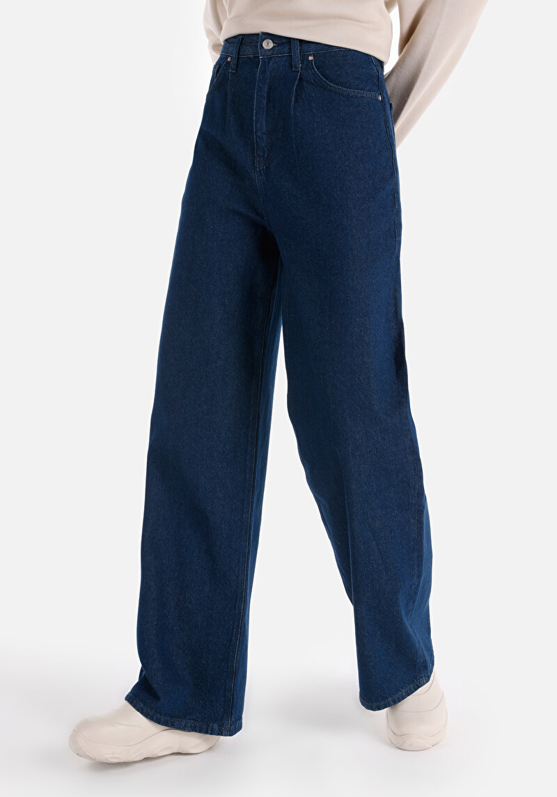 Afișați detalii pentru Regular Fit Talie Înaltă Picior Larg Blugi İndigo Pentru Femei