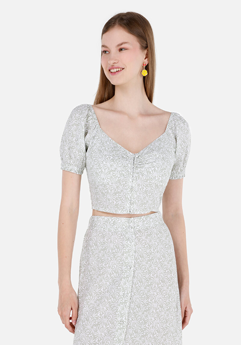 Imagine a Cămașă Slim Fit V-Neck Floral Verde Pepene Verde Pentru Femei