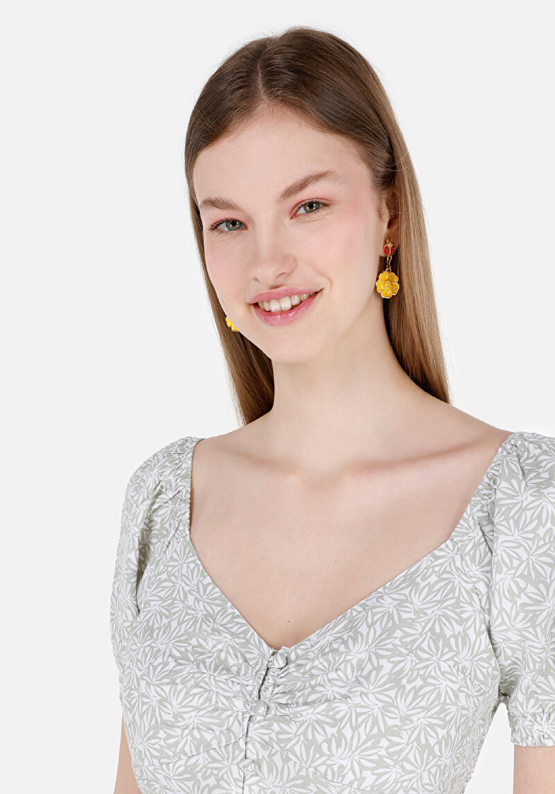 Imagine a Cămașă Slim Fit V-Neck Floral Verde Pepene Verde Pentru Femei