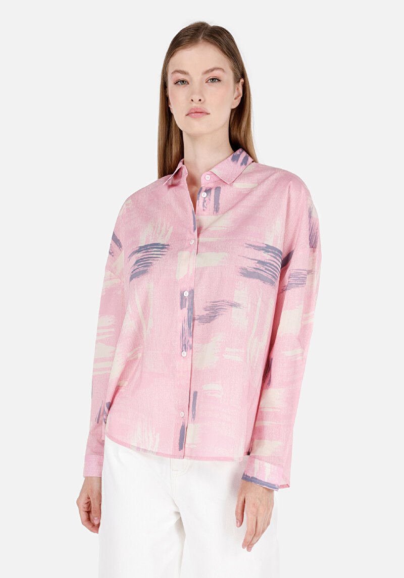 Imagine a Cămașă Relax Fit Cămașă Cu Gât İmprimat Cămașă Roz Cu Mânecă Lungă Pentru Femei