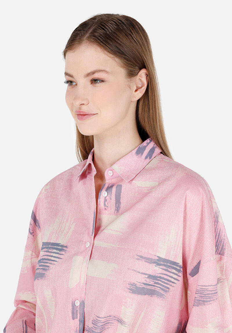 Afișați detalii pentru Cămașă Relax Fit Cămașă Cu Gât İmprimat Cămașă Roz Cu Mânecă Lungă Pentru Femei