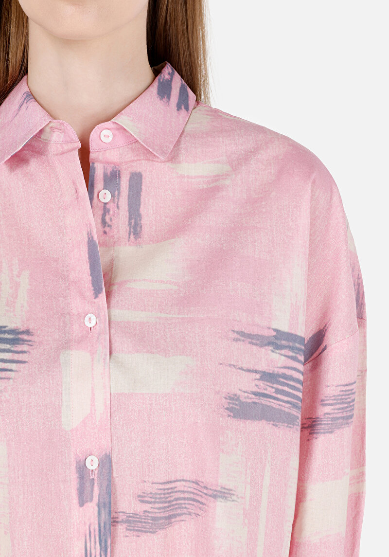 Afișați detalii pentru Cămașă Relax Fit Cămașă Cu Gât İmprimat Cămașă Roz Cu Mânecă Lungă Pentru Femei