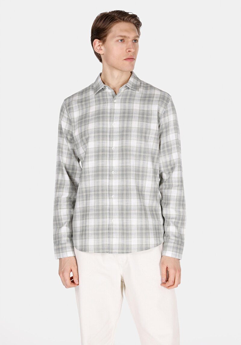 Imagine a Regular Fit Cămașă Gât În Carouri Cămașă Verde Cu Mânecă Lungă Pentru Bărbați