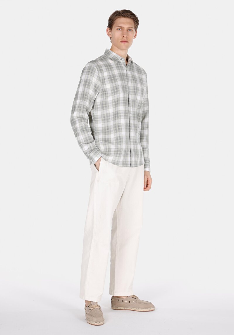 Imagine a Regular Fit Cămașă Gât În Carouri Cămașă Verde Cu Mânecă Lungă Pentru Bărbați