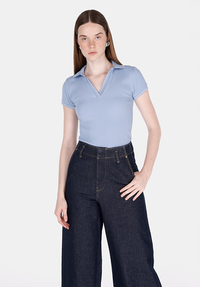 Imagine a Tricou Polo Cu Maneca Scurta De Dama Albastru Slim Fit Cl1073698