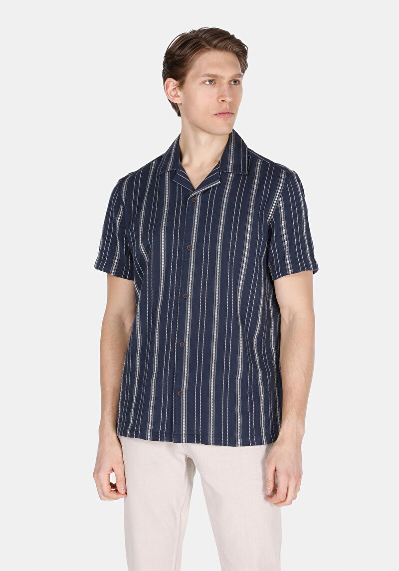 Imagine a Cămașă Cu Dungi Cămașă Cu Mânecă Scurtă Bleumarin Pentru Bărbați