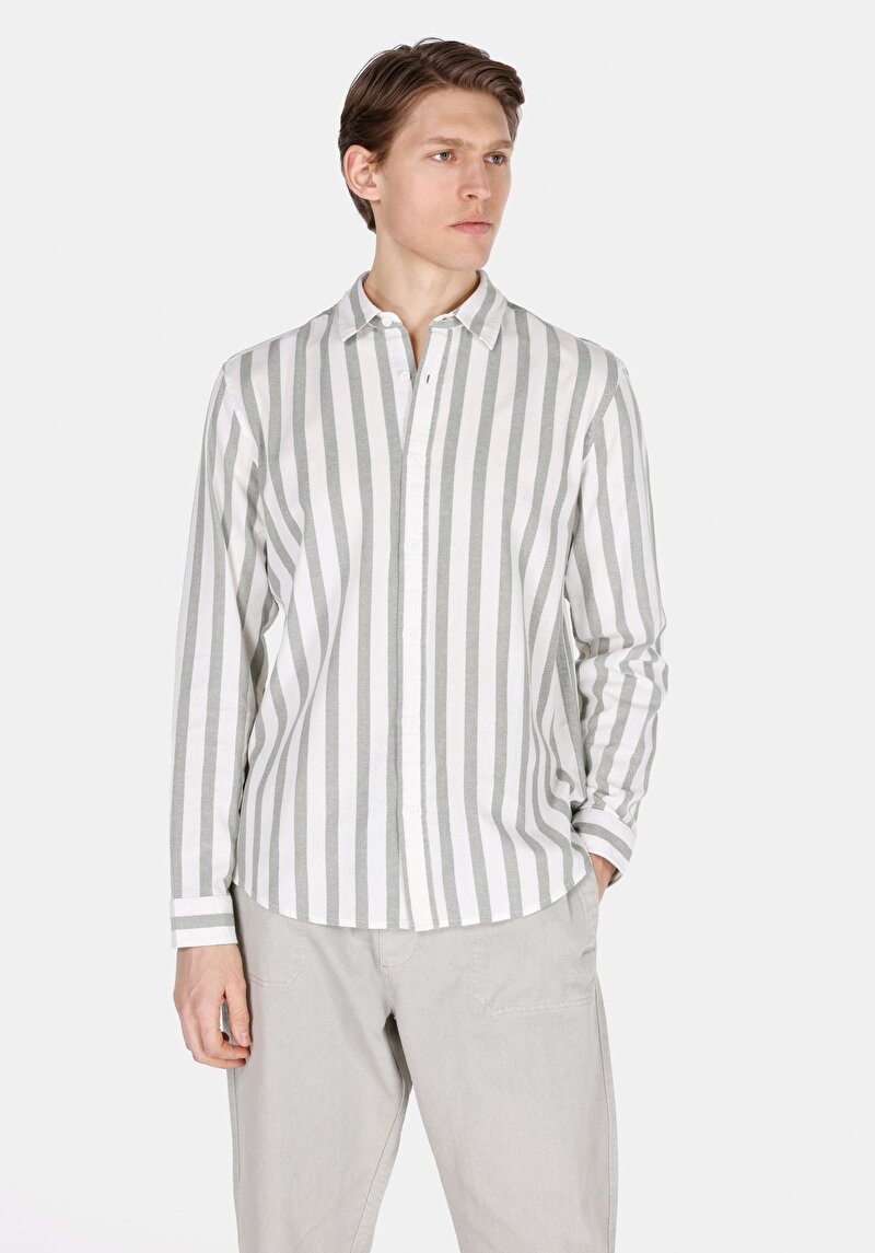 Imagine a Cămașă Cu Dungi Cu Dungi Cămașă Cu Mânecă Lungă Verde Pentru Bărbați