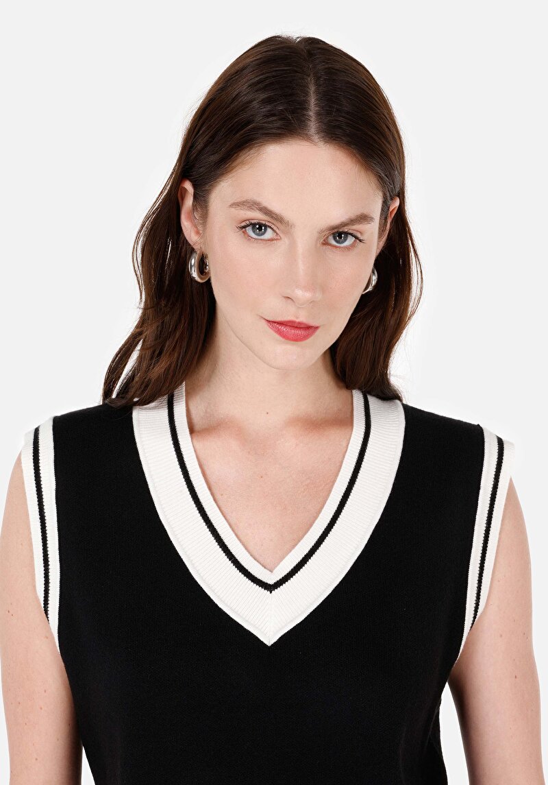 Imagine a Pulover Negru Pentru Femei Cu Decolteu În V Regular Fit