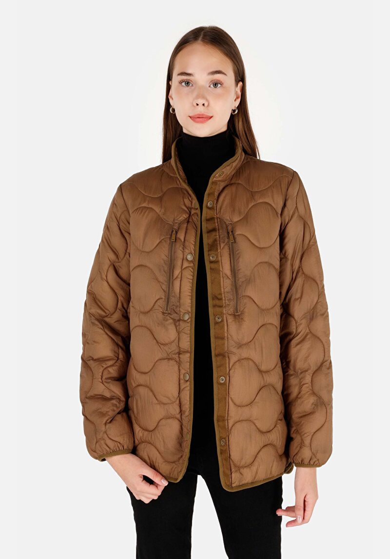 Imagine a Regular Fit Stand Up Collar Palton Maro Pentru Femei