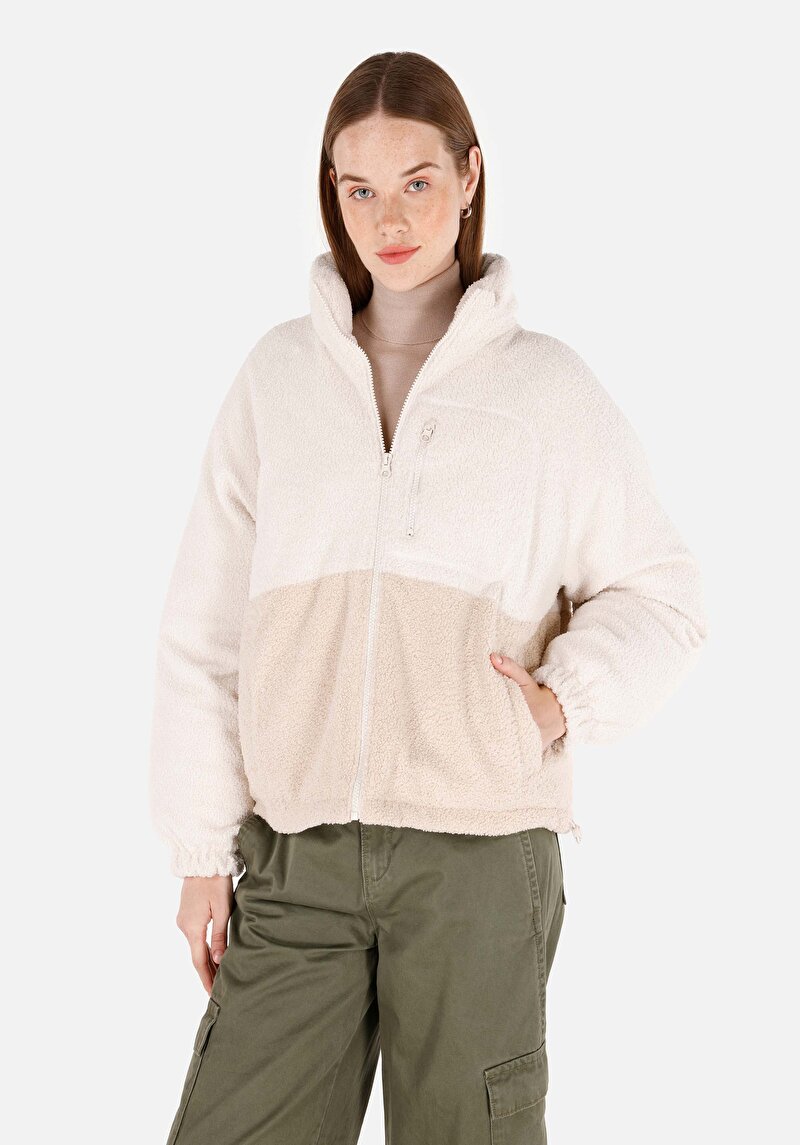 Imagine a Palton Ecru Pentru Femei Regular Fit Stand Neck