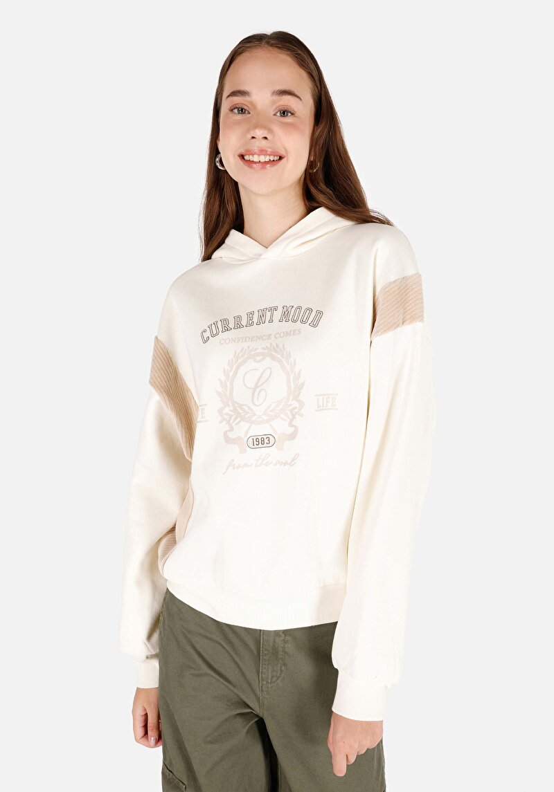 Imagine a Regular Fit Hanorac Ecru Pentru Femei Cu Glugă