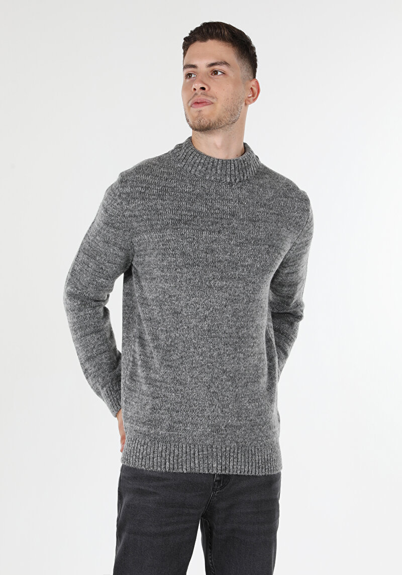 Afișați detalii pentru Pulover Gri Pentru Bărbați Regular Fit Half Turtleneck Jacquard
