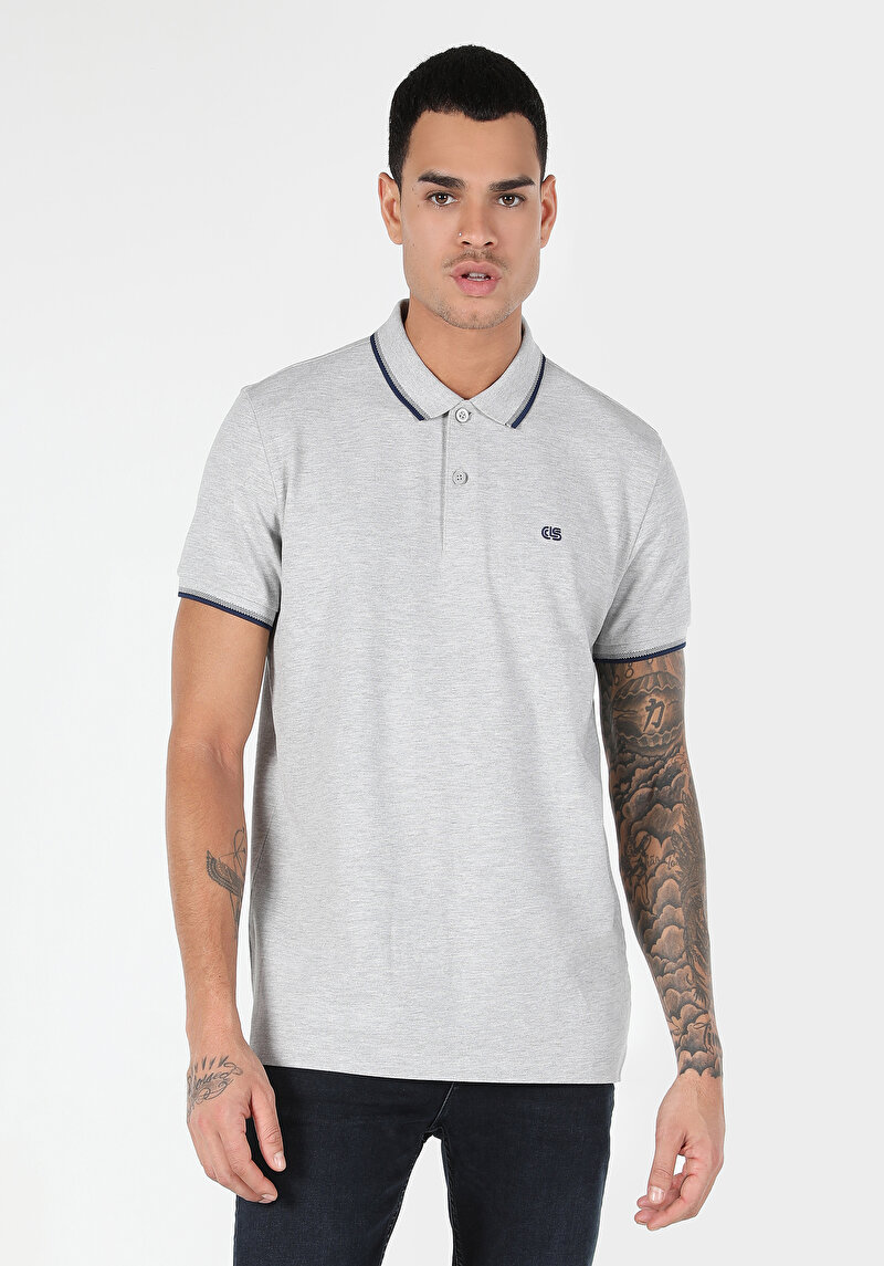 Imagine a Regular Fit Polo Neck Drept Bărbați Gri Tricou Cu Mânecă Scurtă