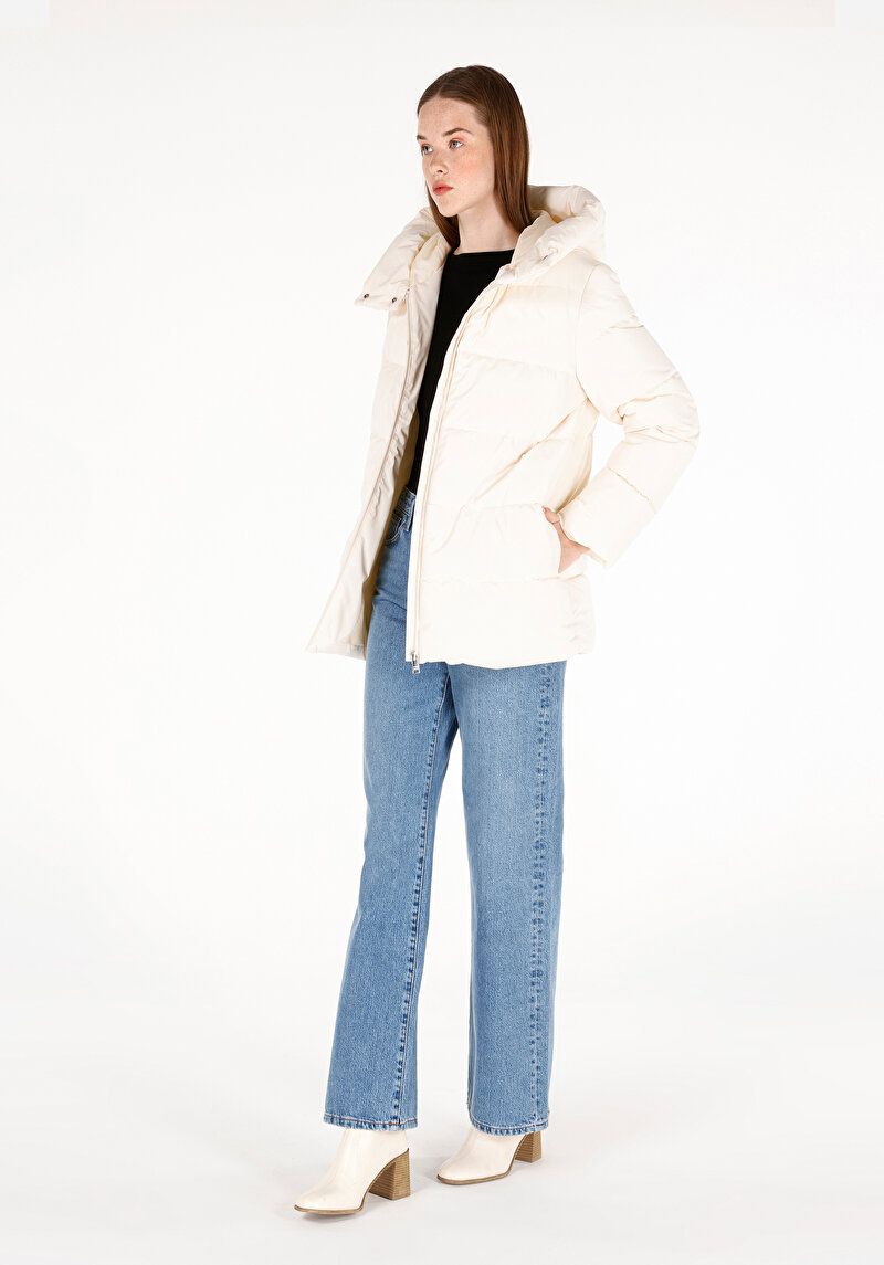 Afișați detalii pentru Regular Fit Glugă Căptușit Cu Fermoar Halat Alb Pentru Femei