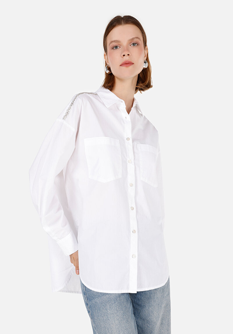 Imagine a Cămașă Relax Fit Neck Cămașă Albă Cu Mânecă Lungă Pentru Femei