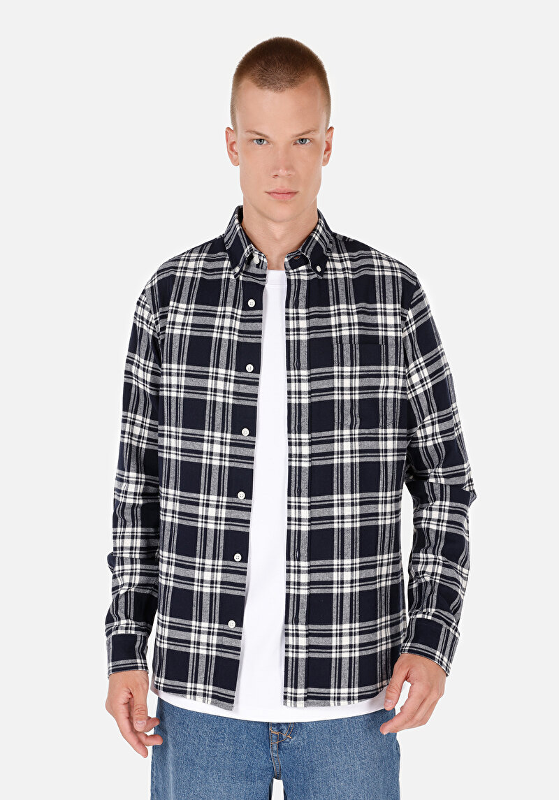 Imagine a Slim Fit Nasturi Guler Carouri Bărbați Bleumarin Cămașă Cu Mânecă Lungă