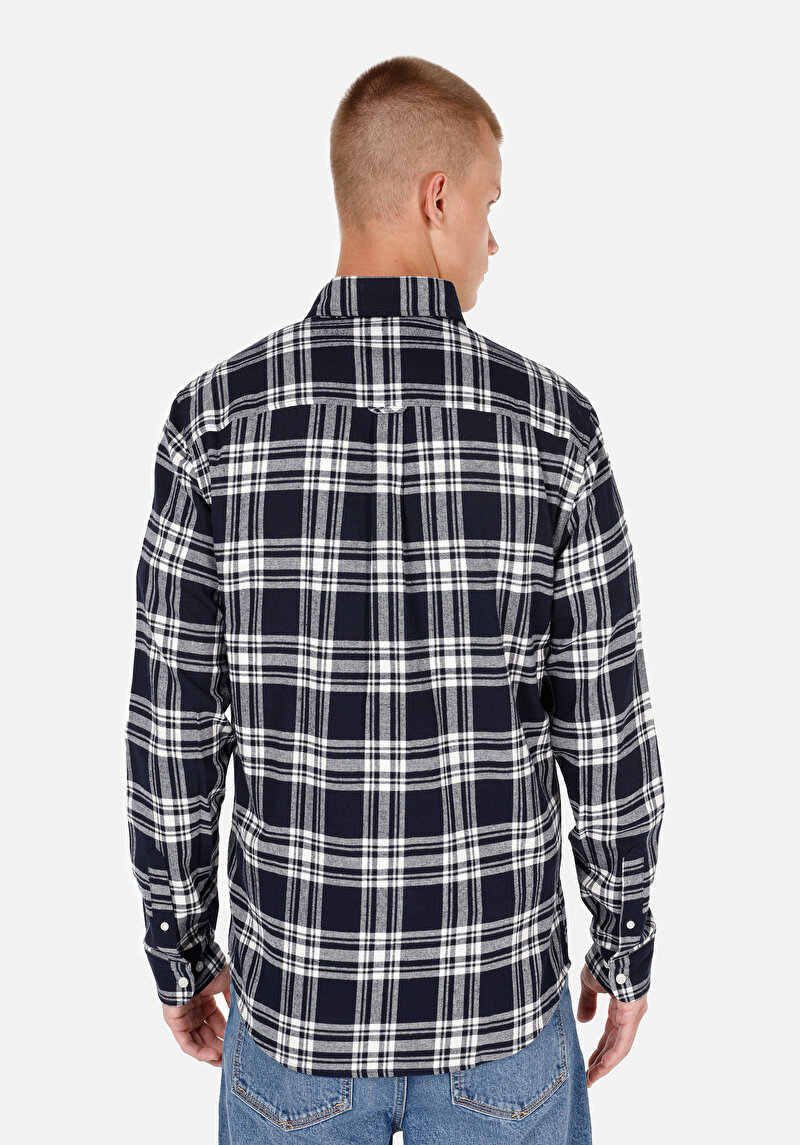 Afișați detalii pentru Slim Fit Nasturi Guler Carouri Bărbați Bleumarin Cămașă Cu Mânecă Lungă