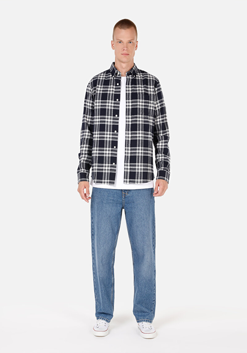 Imagine a Slim Fit Nasturi Guler Carouri Bărbați Bleumarin Cămașă Cu Mânecă Lungă