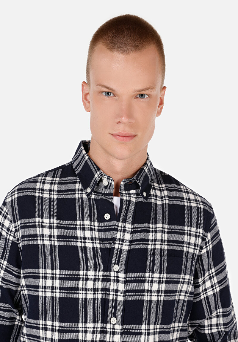 Afișați detalii pentru Slim Fit Nasturi Guler Carouri Bărbați Bleumarin Cămașă Cu Mânecă Lungă