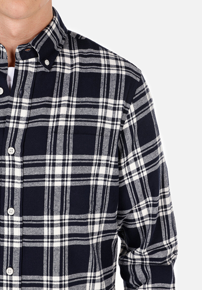 Afișați detalii pentru Slim Fit Nasturi Guler Carouri Bărbați Bleumarin Cămașă Cu Mânecă Lungă