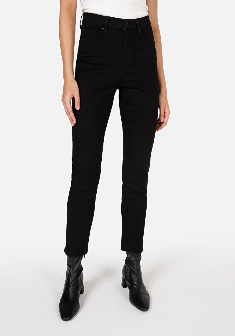 Afișați detalii pentru Slim Fit Mid Waist Straight Leg Blugi Negri Pentru Femei