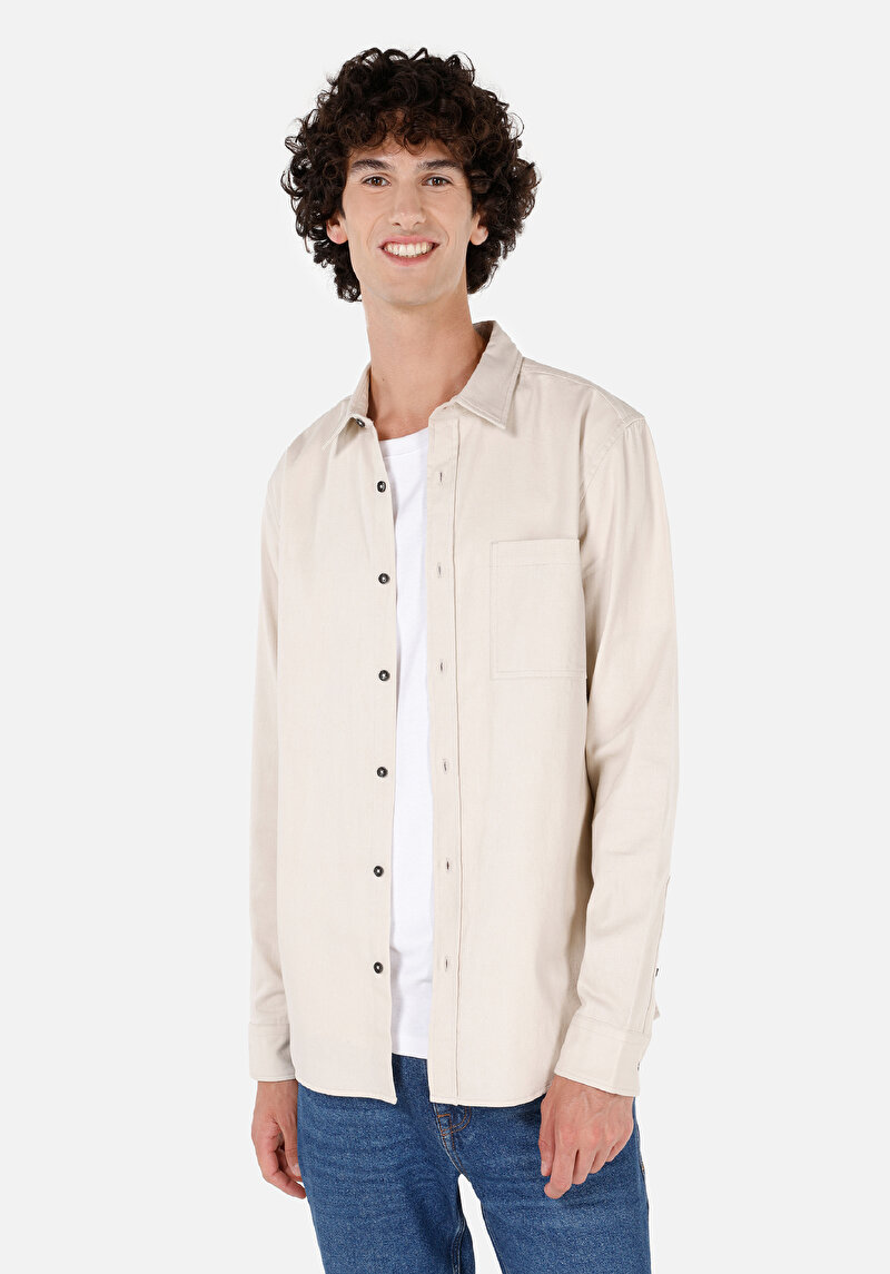 Imagine a Slim Fit Classic Collar Drept Cămașă Cu Mânecă Lungă Ecru Pentru Bărbați