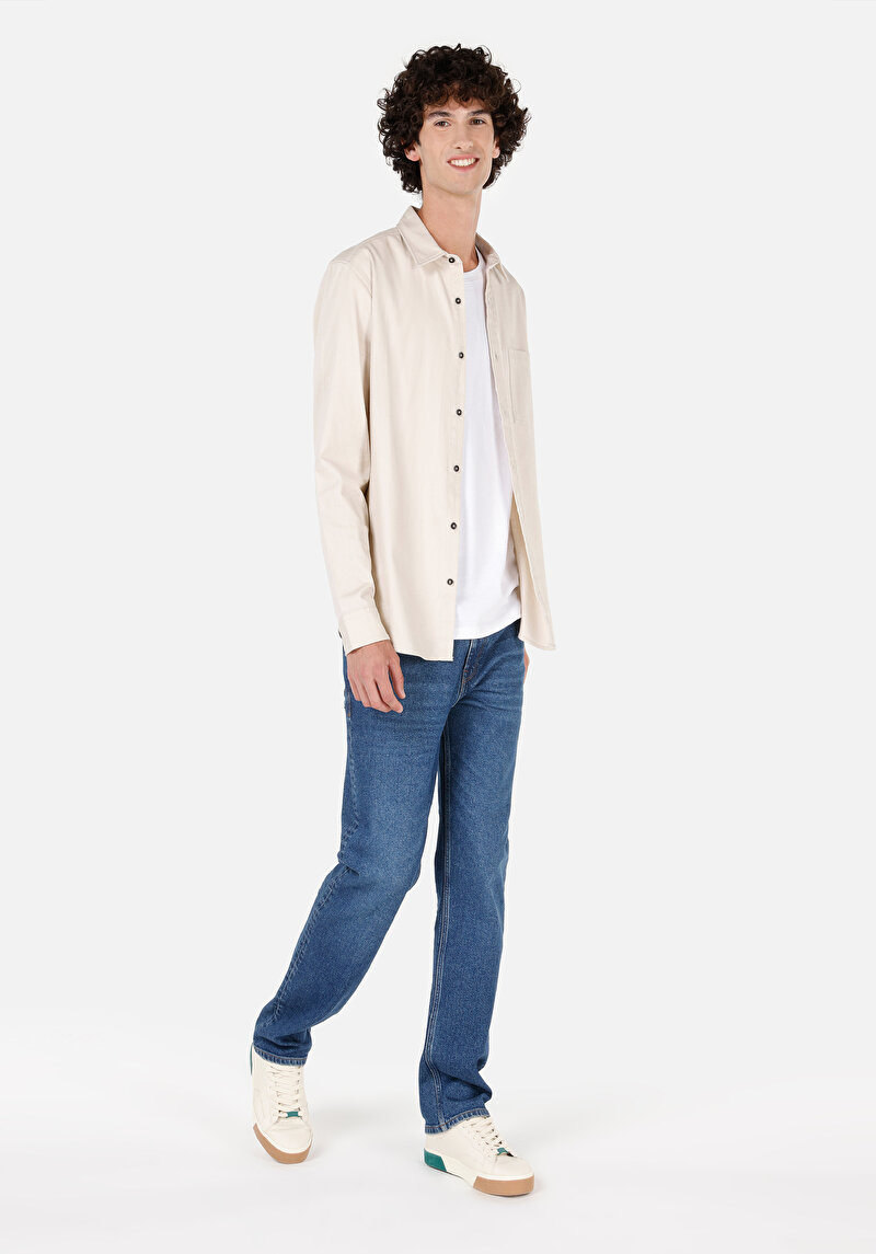 Afișați detalii pentru Slim Fit Classic Collar Drept Cămașă Cu Mânecă Lungă Ecru Pentru Bărbați