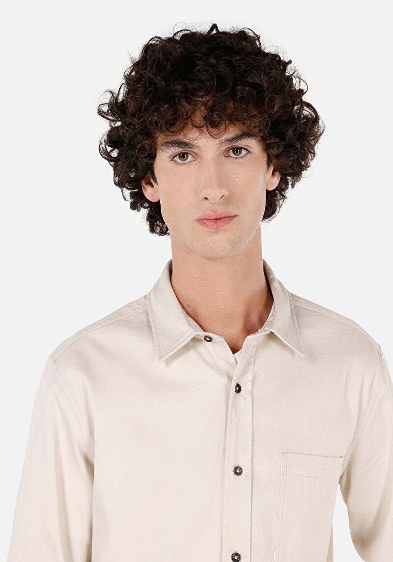 Afișați detalii pentru Slim Fit Classic Collar Drept Cămașă Cu Mânecă Lungă Ecru Pentru Bărbați