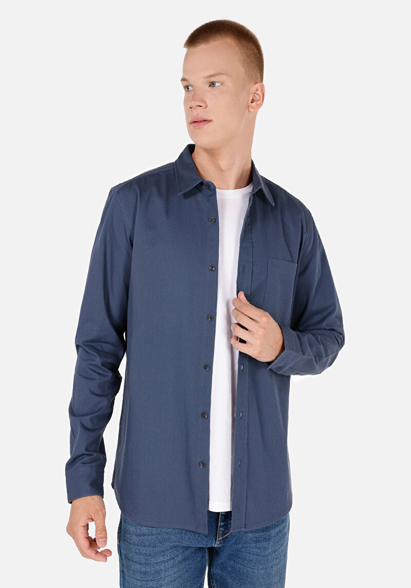 Imagine a Slim Fit Classic Collar Drept Cămașă Albastră Cu Mânecă Lungă Pentru Bărbați