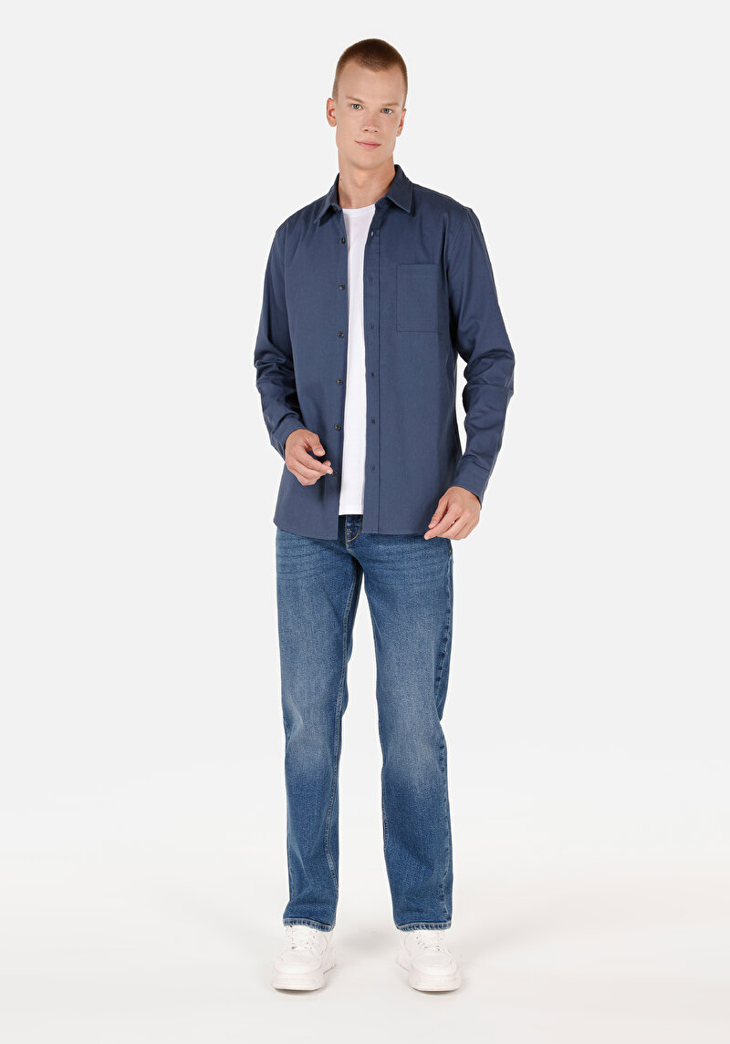 Afișați detalii pentru Slim Fit Classic Collar Drept Cămașă Albastră Cu Mânecă Lungă Pentru Bărbați