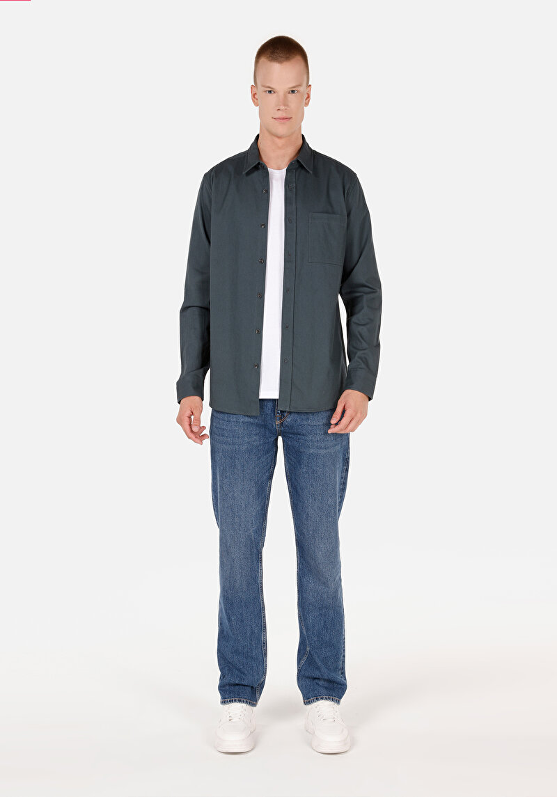 Afișați detalii pentru Slim Fit Classic Collar Drept Cămașă Verde Cu Manșon Lung Pentru Bărbați