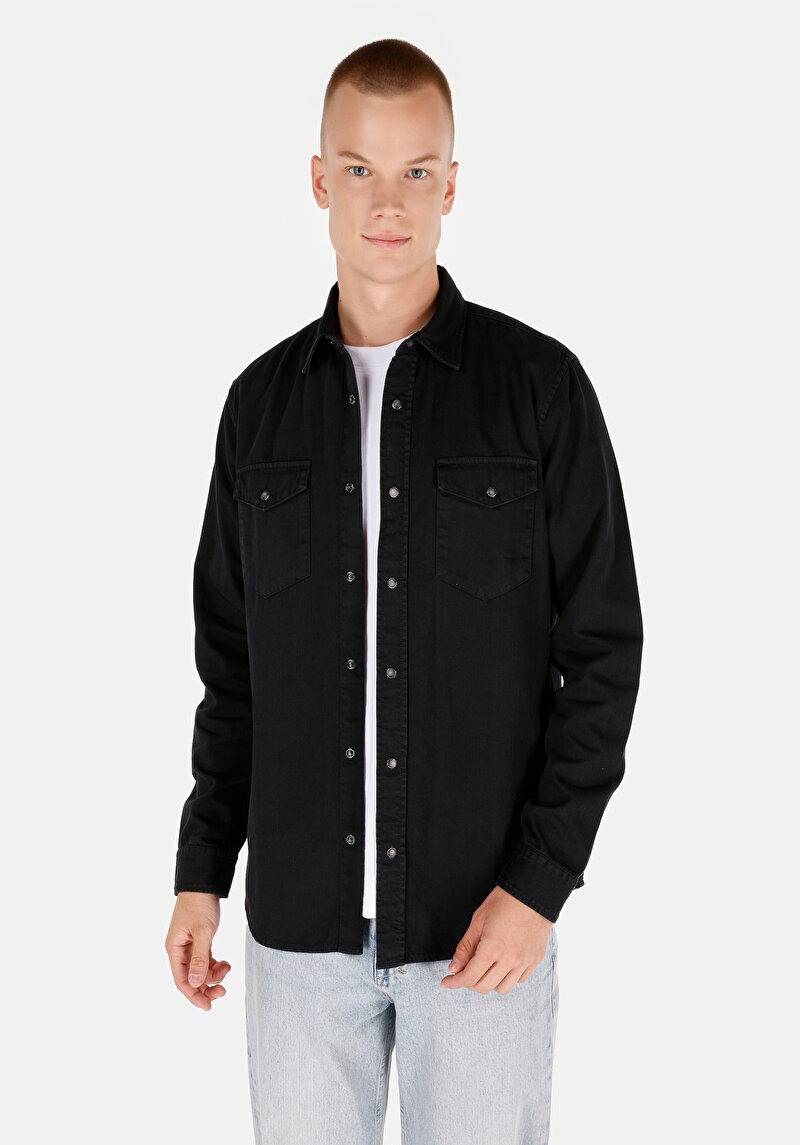 Imagine a Camasa Cu Maneca Lunga De Barbati Negru Regular Fit  Cl1071462
