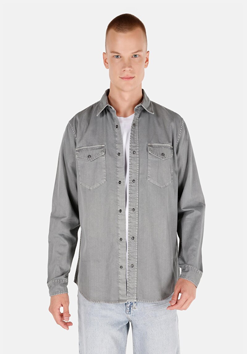 Imagine a Regular Fit Classic Collar Drept Cămașă Gri Cu Mânecă Lungă Pentru Bărbați